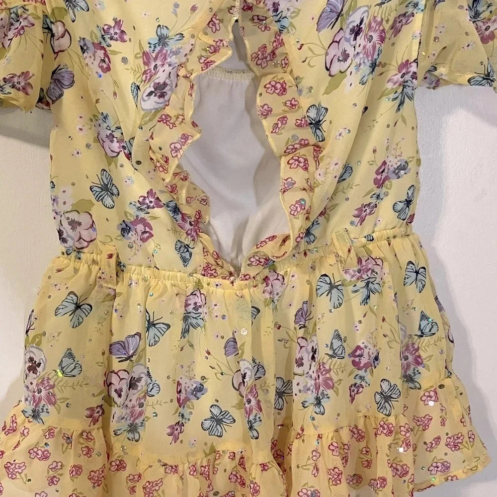 Little Las 2 piece Fancy set blouse and pants Yellow/Blue with Daisy Ruffles - Picture 7 of 15